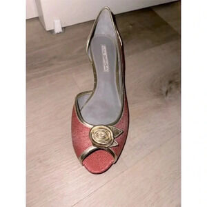 - Via Spiga Women's mauve and gold Peep Toe tweed flats with Gold Rose size 8